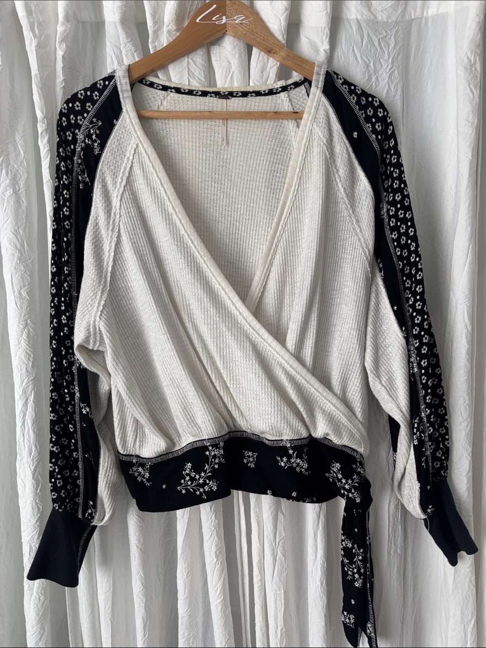 Free People Cream Wrap Sweater with Black Floral Sleeves